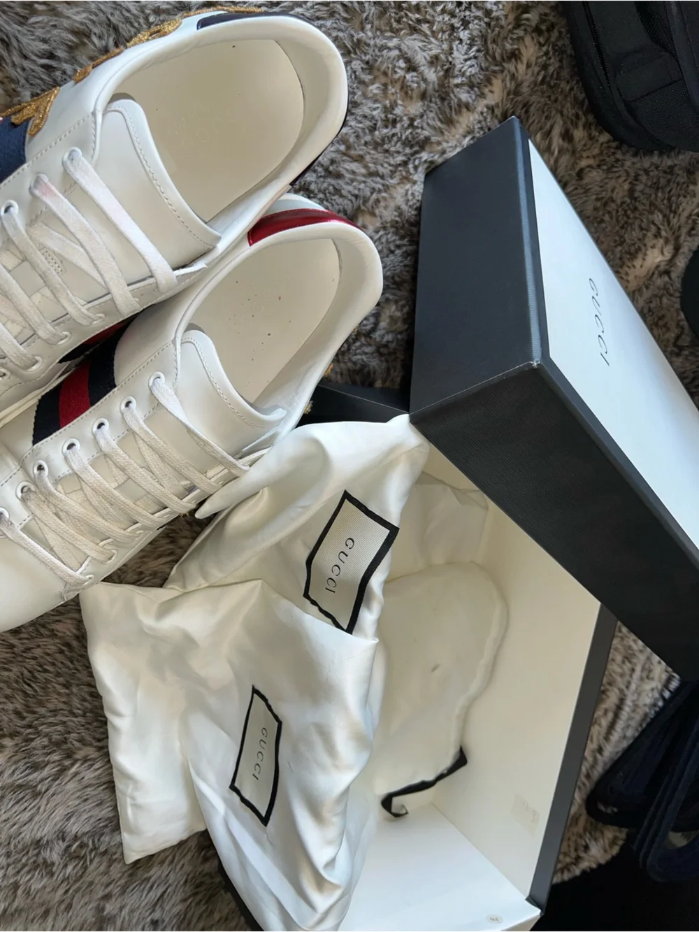 Gucci White Leather 'LOVED' Embroidered Sneakers with Red & Blue Web